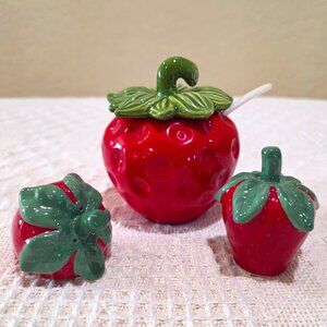 Vintage Brinn's Ceramic Strawberry Jam Jar and Salt & Pepper Shakers PA